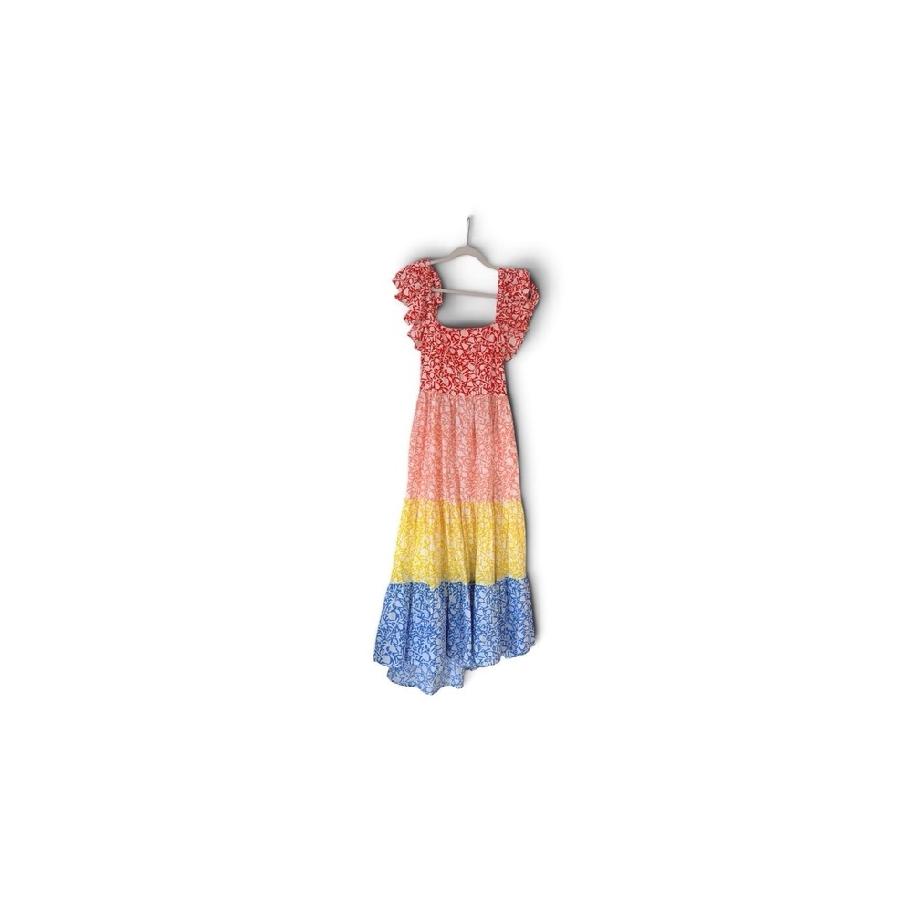 Oliphant Flirty Tie‎ Back Maxi Dress Canary Multi Tiered Cotton Floral XL New